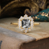 Princess Cut Black Rutilated Quartz Engagement Ring Brilliant Cluster Ring